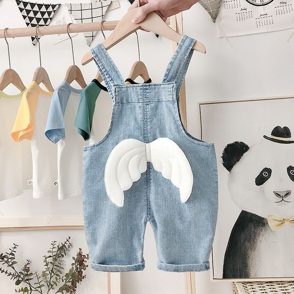 

children's summer soft denim suspender cropped shorts boys' cartoon baby thin ankle-length pants jeans and jeans western style pan, Blue