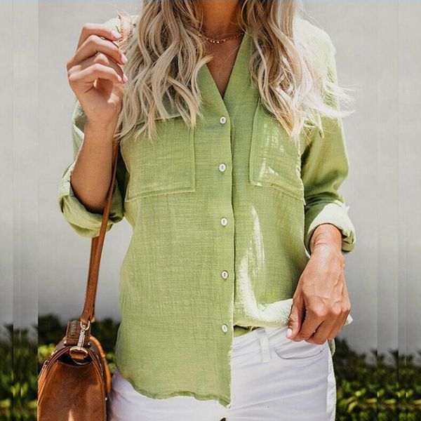 

2020 regular cotton linen women blouses solid loose white plain long sleeve shirt button casual v neck female blouse plain top