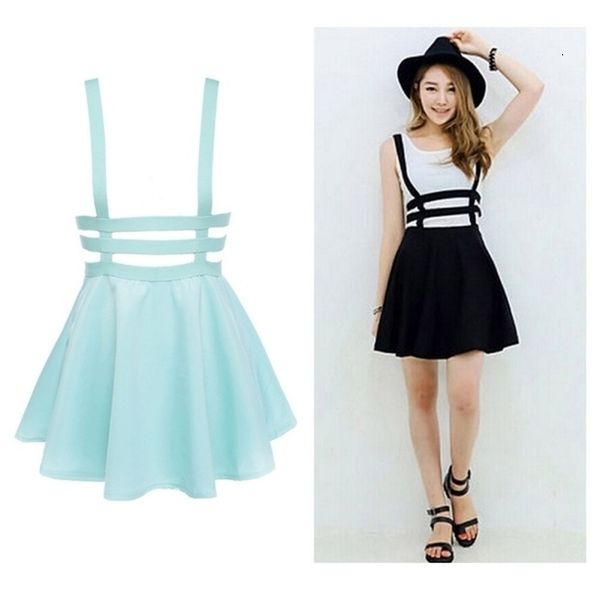 

hollow mini skater cute women suspender clothes straps high waist skirt drop shipping high quality, Black