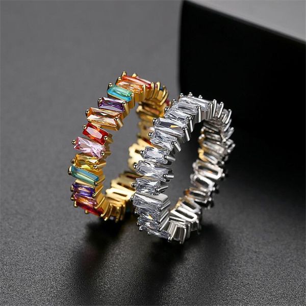 

irregular t princess cut colorful 5a cubic zircon hip hop fashion jewelry 925 sterling silver&gold fill promise women wedding band ring, Slivery;golden