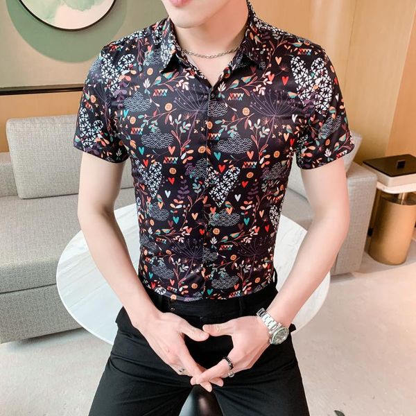 

men's casual shirts business streetwear social camisa masculina 4xl 2021 summer short sleeve shirt men print slim fit dress, White;black