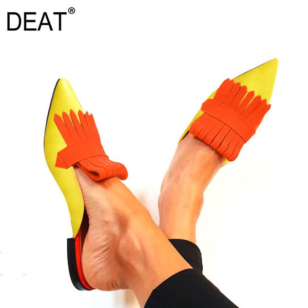 

deat] 2020 new spring summer pointed toe shallow fringe tassel hit color flock flat outdoor slippers women shoes tide 10h791, Black