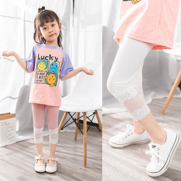 

girls' tight pants tight pants lace tights summer 2020 thin modal lace stitching children's leggings children's cropped leggi, Blue