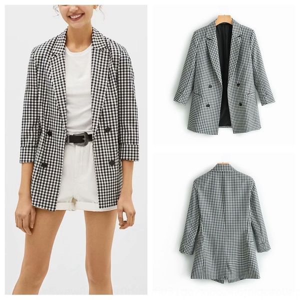 

7mi8f women's 2019 new small suit plaid seven-quarter sleeve loose casual thin women's 2019 new small coat suit plaid seven-quarte, White;black