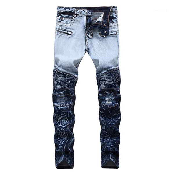 

mid waist casual zipper fly pencil pants male fashion jeans mens gradient hole jeans slim fit stretch, Blue