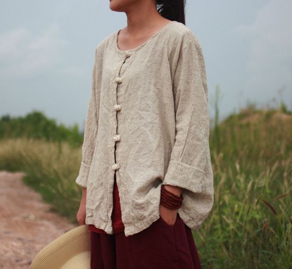 

small warm original linen soft and comfortable long sleeve round neck shirt shirt women's linen top, White
