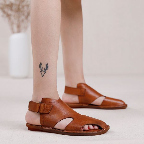 

yourseason 2020 new women genuine leather summer shoes hook loop sewing flat with ladies casual retro soft sandals, Black