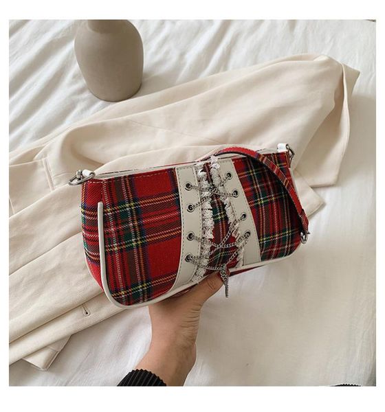 

british style vintage blue check baguette bag personality chain with a versatile underarm bag literary fresh shoulder 2020