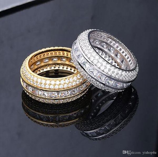 

iced out 5 row cz 360 eternity rings bling micro pave cubic zirconia 18k gold plating simulated diamonds mens hip hop ring, Golden;silver