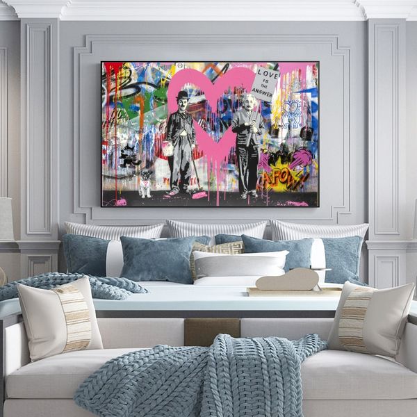

banksy street wall art chaplin and einstein portrait canvas paintings on the wall graffiti pop art posters and prints home decor