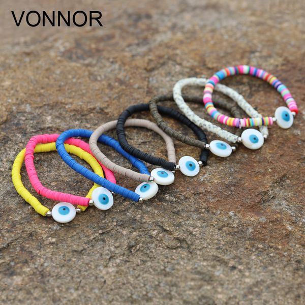 

women bracelets 2020 fashion handmade beaded polymer clay natural shell lucky eye elastic rope bracelet girl jewelry female, Black