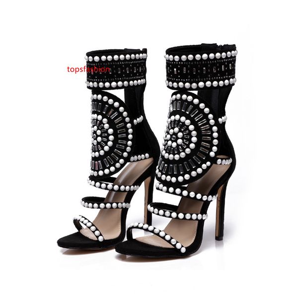 

peep toe women summer sandals black white beaded rhinestone high heels gladiator sandals large size 35-42, Black;green