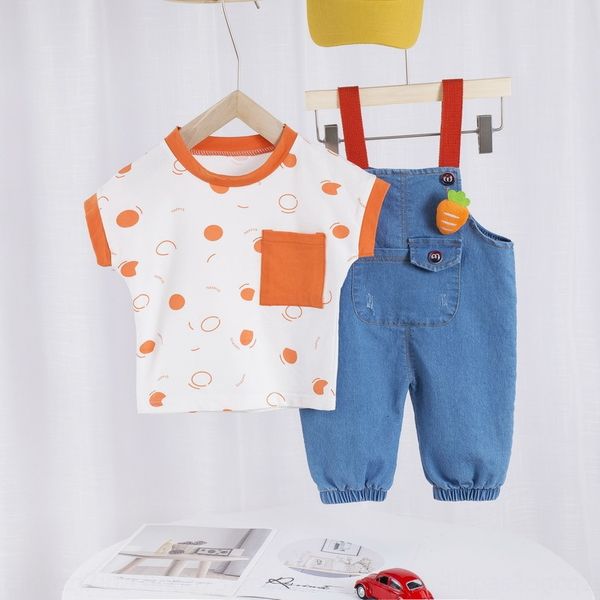 

2020 children's clothing korean style boys' fashion short-sleeved suit denim pants set loose t-shirt all-match denim belt pants su