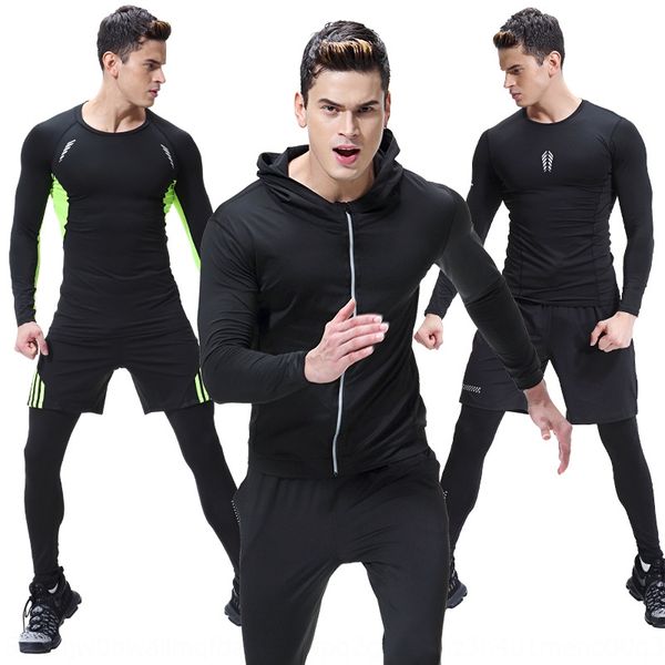 

eeyqw sports suit men's spring and autumn high elastic tight pro quick-drying clothes sweat sportswearsuittraining fitness running clot, White;black