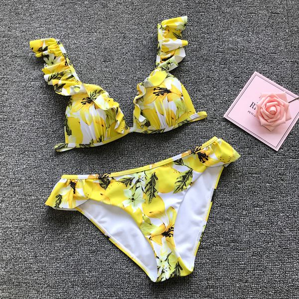 

push up bikini set lemon print women polyester swimwear brazilian biquini suit female beachwear bodysuit bikinis mujer summer, White;black