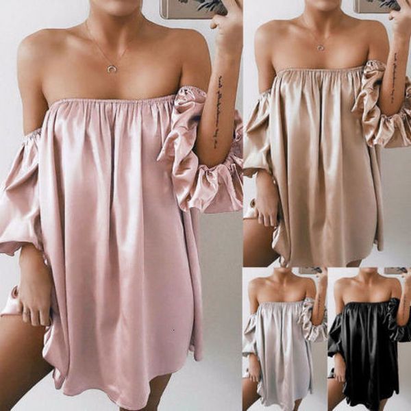 

summer solid pink lady female women clothes long bell sleeve loose lantern ruffled flounce off shoulder casual dress, Black;gray