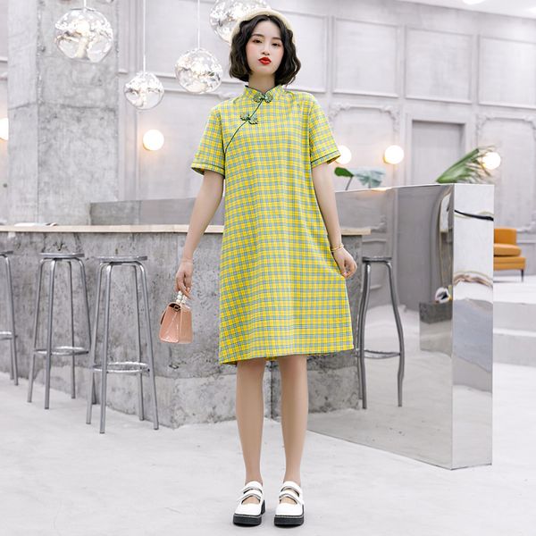 

new arrival loose a-line improvement plaid qipao chinese style women cheongsam summer cotton linen daily mini qipao -xl, Red