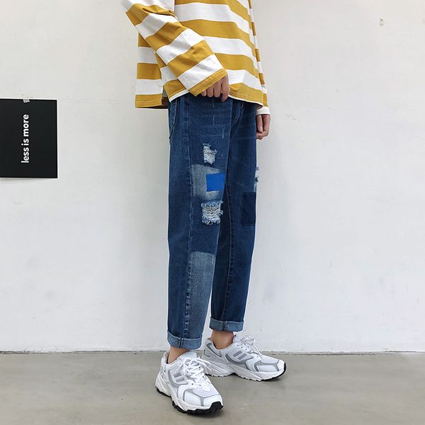 

men's jeans korea style loose retro summer autumn trend personality straight pants fashion, Blue