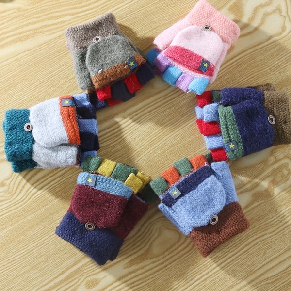 

winter five-finger flip knitted warm and warm gloves women' wool color matching gloves, Blue;gray