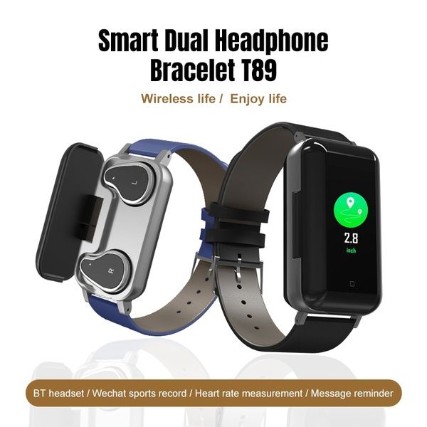 

new style t89 tws binaural bluetooth 5.0 headphones wireless earbuds earphones heart rate monitor sport wristwatches fitness smart bracelets