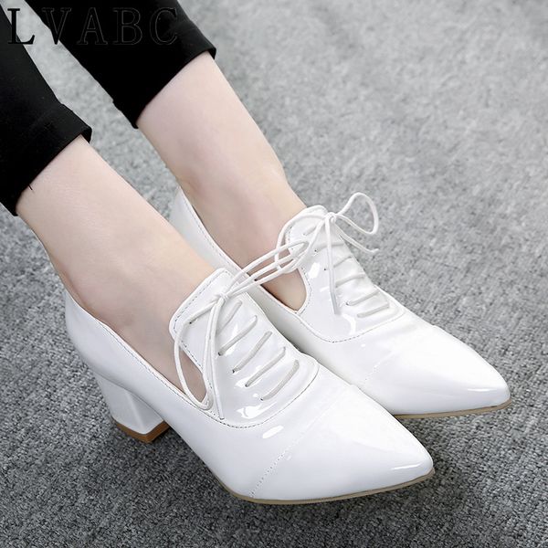 

lvabc ladies shoes big size 31- 45 british style women's pumps spring and autumn pointed toe chunky high heels female lace up b, Black