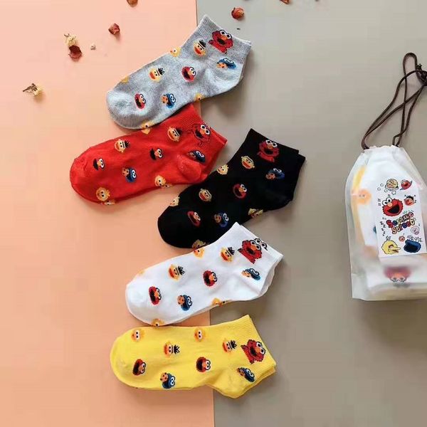 

m3rsu sesame street week socks couple men and women comfortable embroidery breathable deodorant moisture absorption sweat-absorbing cartoon, Pink;yellow