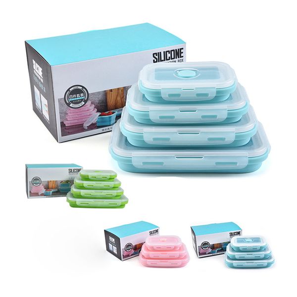 

silicone folding lunch boxes rectangle collapsible bento boxes folding food container bowl 350/500/800/1200ml 4pcs/ set dinnerware