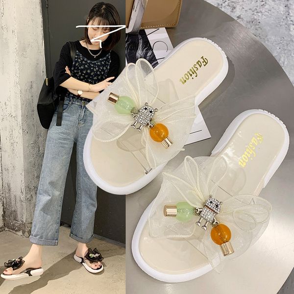 

7b4wf 2020 spring summer new internet celebrities women's fashion outer bow flowers soft bottom anti-slip sandals and slippers slippers