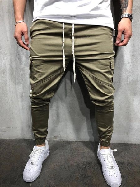 

color patchwork slim man pencil pants with pocket cargo sweatpants for men mens casual sports fittness pants solid, Black