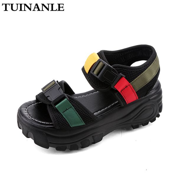 

tuinanle платформы сандалии женщин 2020 черный мода mesh дамы коренастый сандалии лето пряжка ремень клинья обувь sandalias mujer t200801, Black