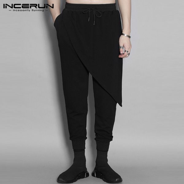 

incerun men harem pants joggers solid 2020 punk streetwear drawstring fashion irregular trousers men fitness casual pantalon 5xl, Black