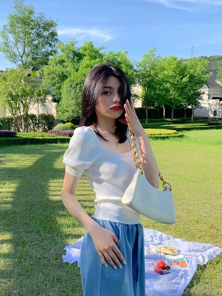 

xvy6d площади воротник пузырь рукав верхняя женская одежда верхняя одежда t- лед шелк трикотажная футболка летняя одежда тонкий короткий рук, White