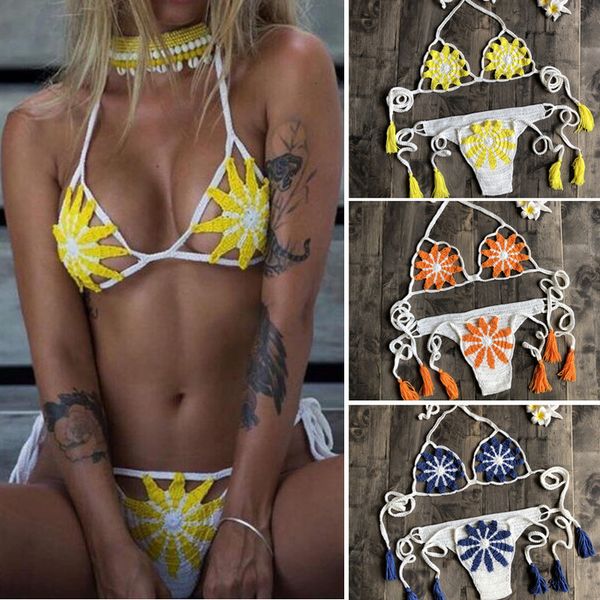 

women color matching bikini set floral beach split swimsuit crochet flower backless bras thong bottoms, White;black