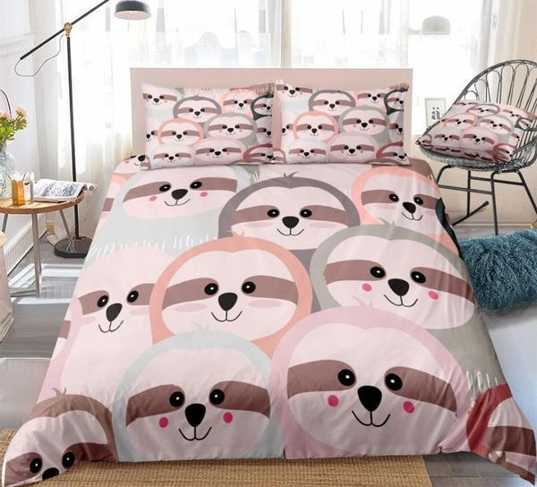 

cartoon sloth duvet cover set pink grey animal bedding kids boys girls cute sloth quilt cover  bed set colorful dropship