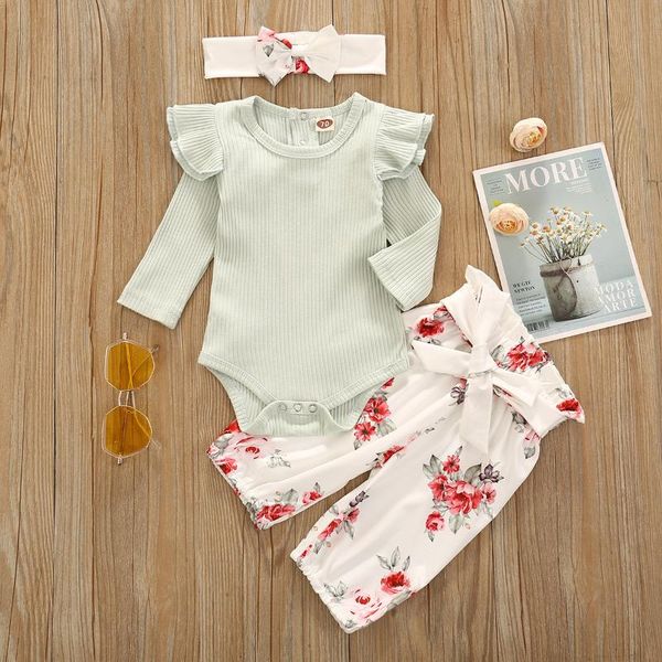 

2020 autumn baby set european and american girls romper+ floral trousers, White