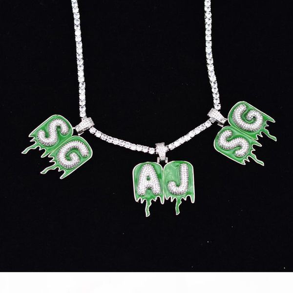 

a-z custom name green epoxy bubble drop letter chain necklaces & pendant zircon men's hip hop jewelry with 18" 20mm width cuban li, Silver