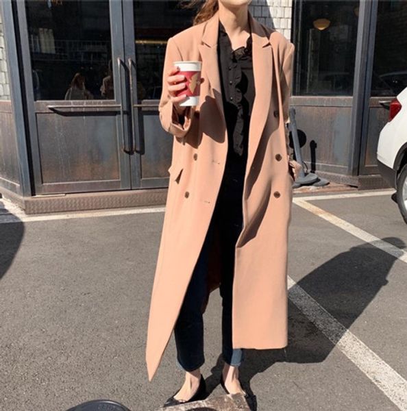 

vintage notched collar women trench coat casual loose trench coat double breasted long overcoat oversized windbreaker vs320, Tan;black