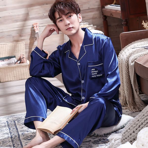 

men's set sleepwear 2pcs wedding rayon sleep sets casual 2020 new pajamas summer satin long sleeve suit male lapel home clothing, Black;brown