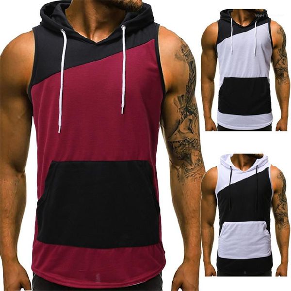 

sleeveless hooded tank summer mens tank fashion panelled color tank casual crew neck, White;black