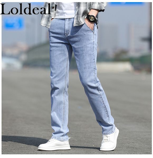

men's jeans loldeal men fashion solid color straight stretch washed, Blue