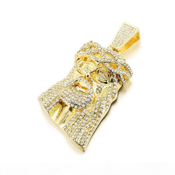 

wholesale huge jesus hip hop pendant men paved full shining crystal jesus head face gold silver charm necklace men jewelry