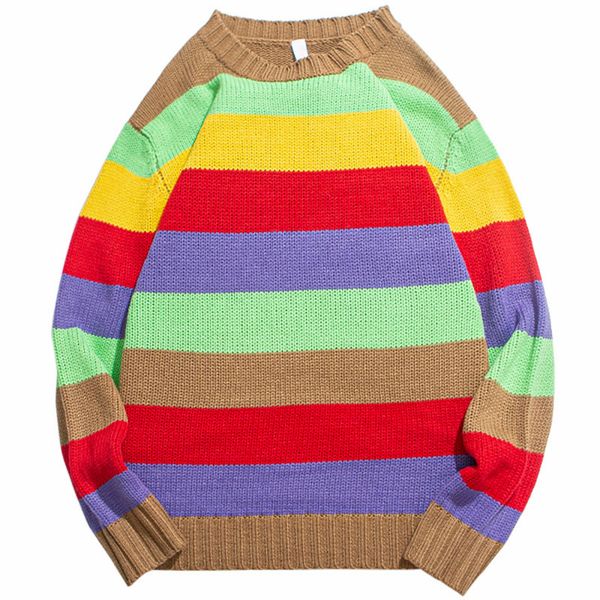 

2020 hip hop streetwear o-neck pullover knitted sweater vintage retro rainbow striped sweater loose cotton harajuku fashion, White;black