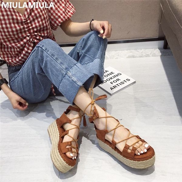 

miulamiula brand designers 2020 summer lace up rome fringe women comfy platform sandals ladies wedge shoes plus size 35-41, Black
