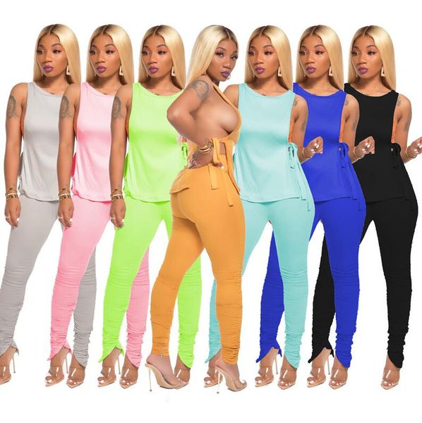 

summer women tie-dye solid colors tracksuit sleeveless lace up tees + zipper plicated skinny pants two-piece clothing suit sportswear d71402, White