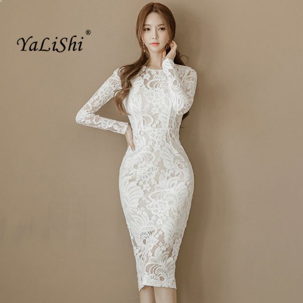 

2020 spring women dress office long sleeve bandage bodycon dress white pencil lace vintage party dresses vestidos, Black;gray