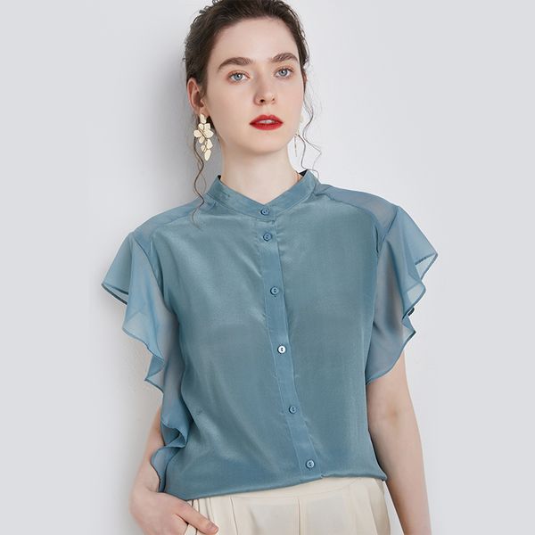 

women's blouses & shirts 100% silk shirt o neck short flare sleeves ruffles fashion casual blouse, White