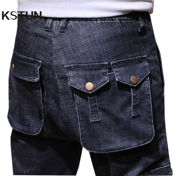 

kstun mens cargo jeans with side pockets dark blue stretch jogger jeans men stylish elastic waist pants relaxed bis size