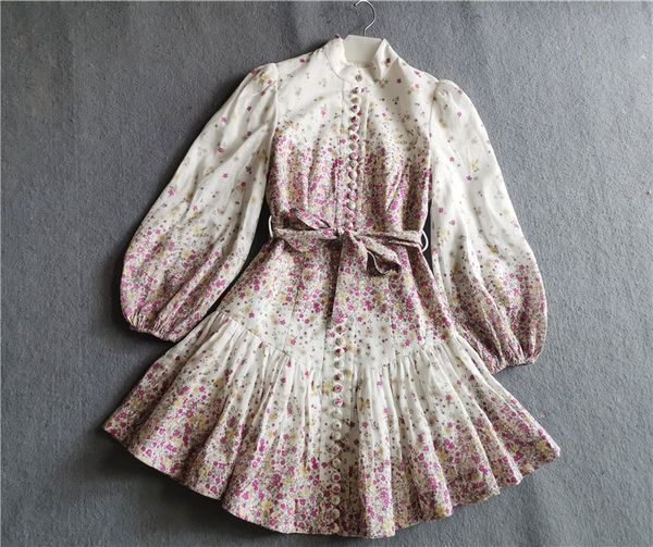 

2020 new vintage holiday style linen printed stand collar puff sleeve waist slimming dress, Black;gray