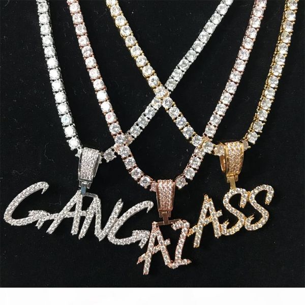 

new brush font custom letter name pendant necklace chain gold silver plated bling zirconia men's hip hop jewelry with rope chain