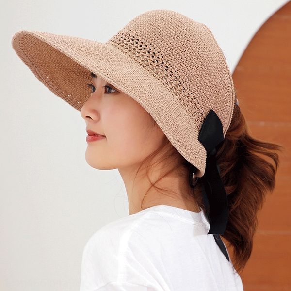 

new women's shade for straw sun travel foldable sun hat sunscreen big eaves with bowknot all-match straw hat, Blue;gray
